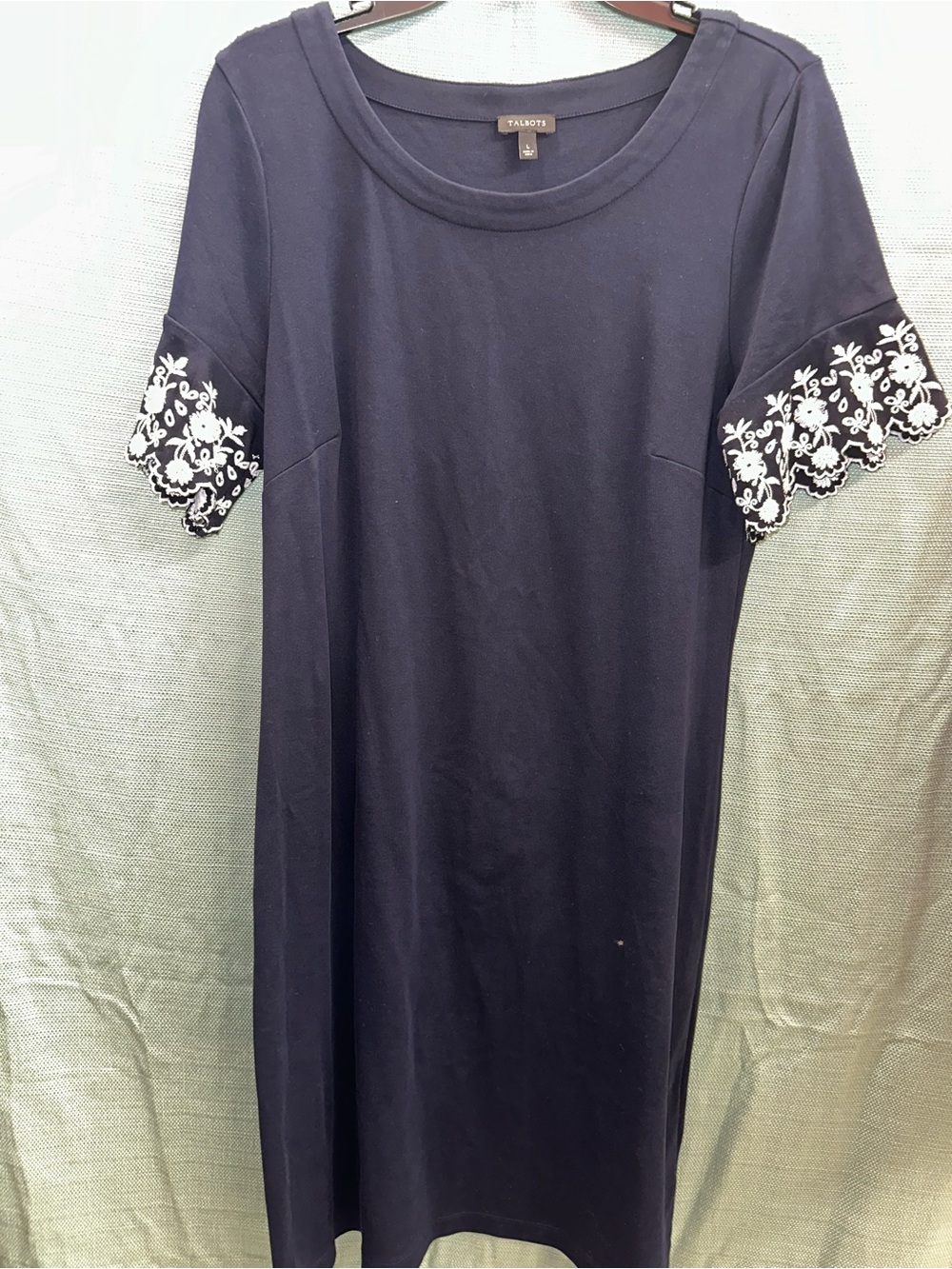 Talbots Navy Midi Dress with White Lace Sleeve Embroidery